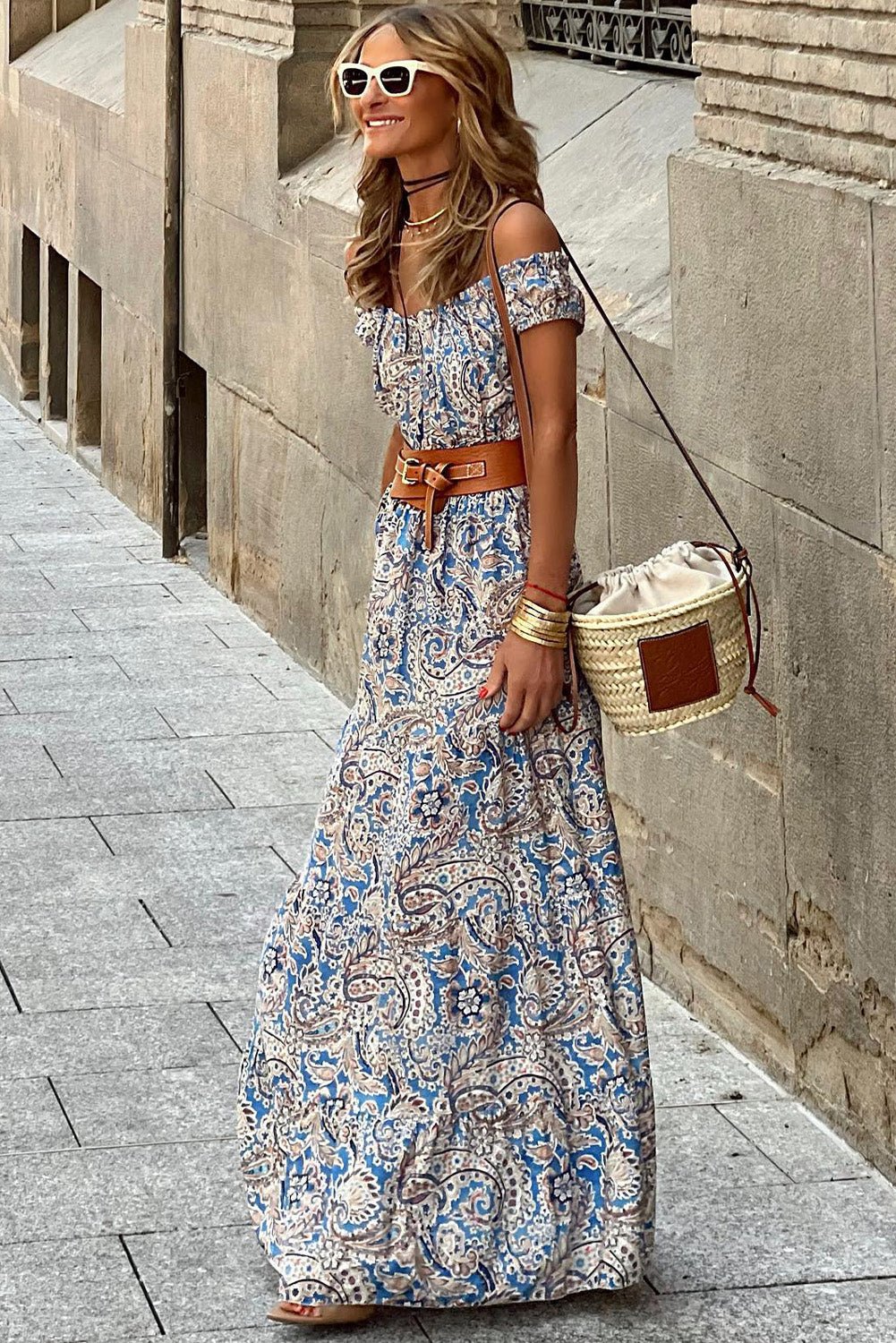 Crowned Energy CO. Blue / S / 100%Viscose Dear-Lover Dropshipping Dresses/Floral Dresses Blue Boho Paisley Print Off Shoulder Maxi Dress