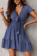 Blue Deep V Neck Self - tie Knotted Front Layered Flare Mini Dress - Crowned Energy CO.