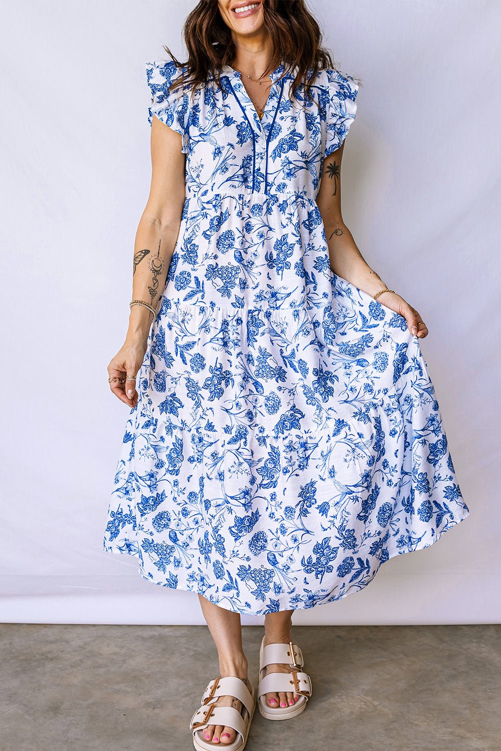 Blue Ruffled Short Sleeve Tiered Floral Midi Dress - Crowned Energy CO.