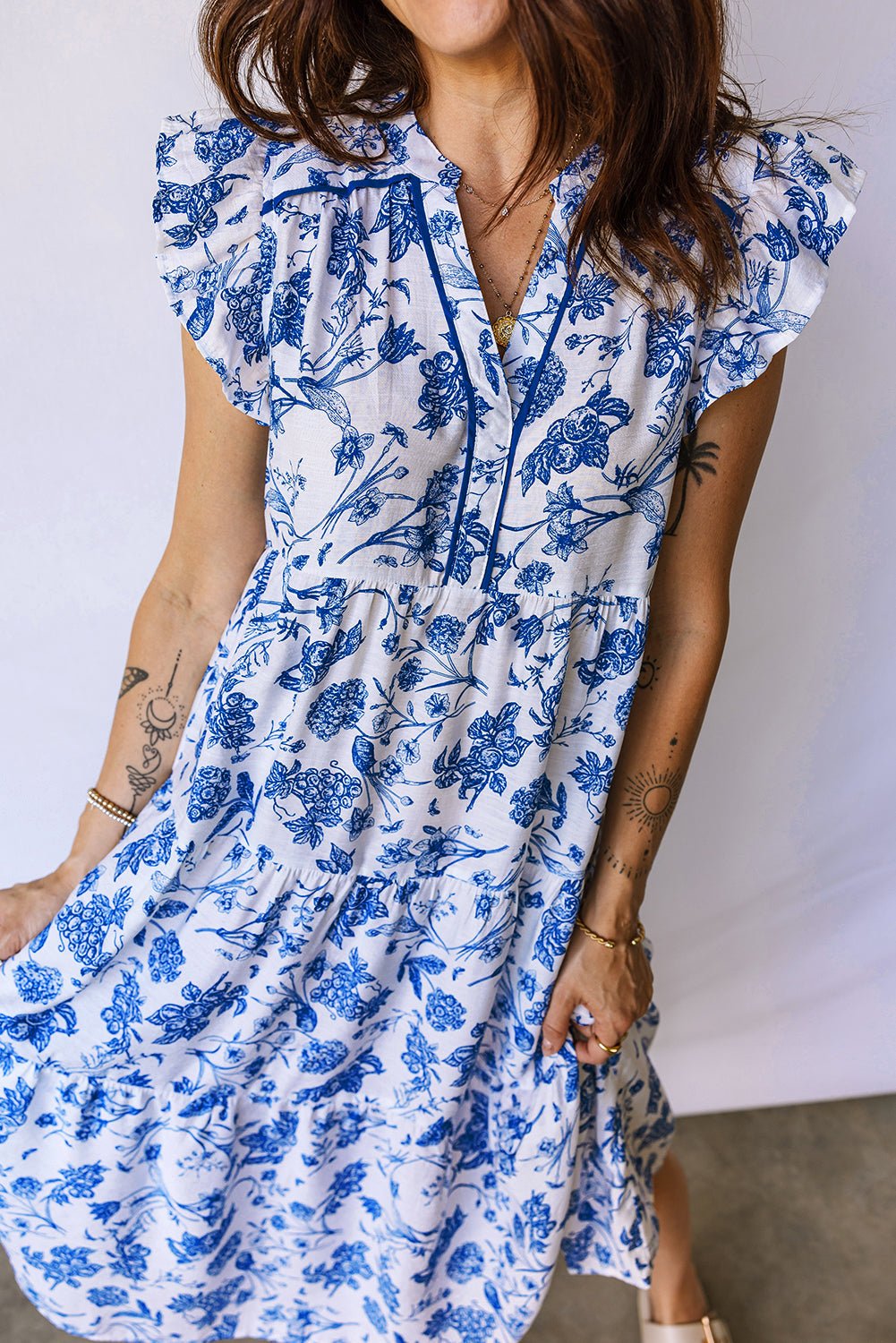 Blue Ruffled Short Sleeve Tiered Floral Midi Dress - Crowned Energy CO.