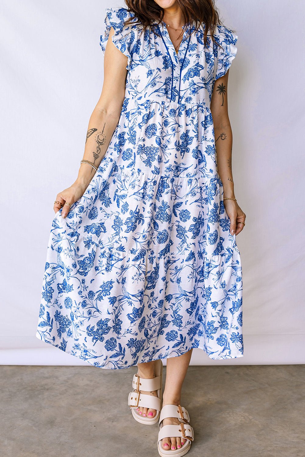 Blue Ruffled Short Sleeve Tiered Floral Midi Dress - Crowned Energy CO.
