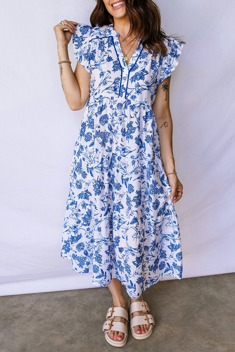 Blue Ruffled Short Sleeve Tiered Floral Midi Dress - Crowned Energy CO.
