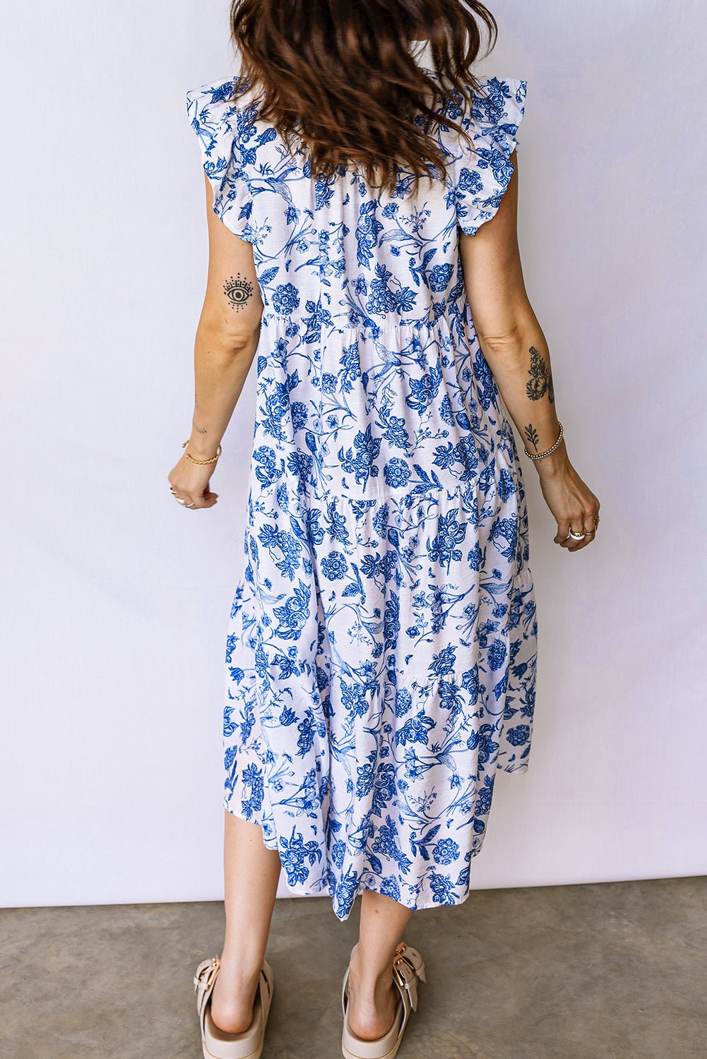 Blue Ruffled Short Sleeve Tiered Floral Midi Dress - Crowned Energy CO.