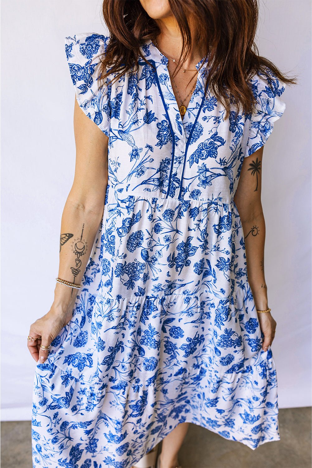 Blue Ruffled Short Sleeve Tiered Floral Midi Dress - Crowned Energy CO.