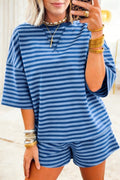 Blue Stripe Striped Ribbed Cotton Two - Piece Short Set with Chest Patch Detail - Crowned Energy CO.