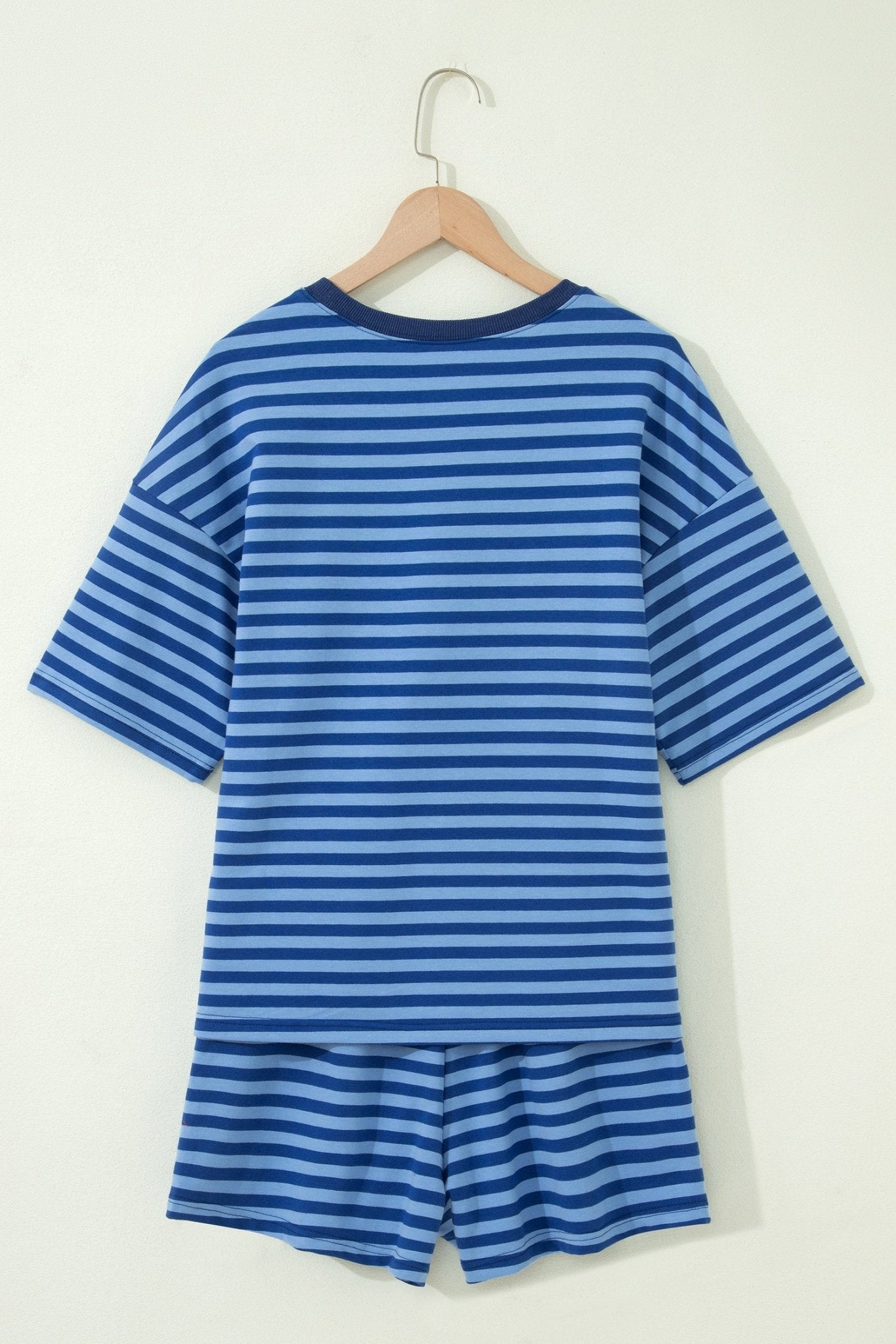Blue Stripe Striped Ribbed Cotton Two - Piece Short Set with Chest Patch Detail - Crowned Energy CO.
