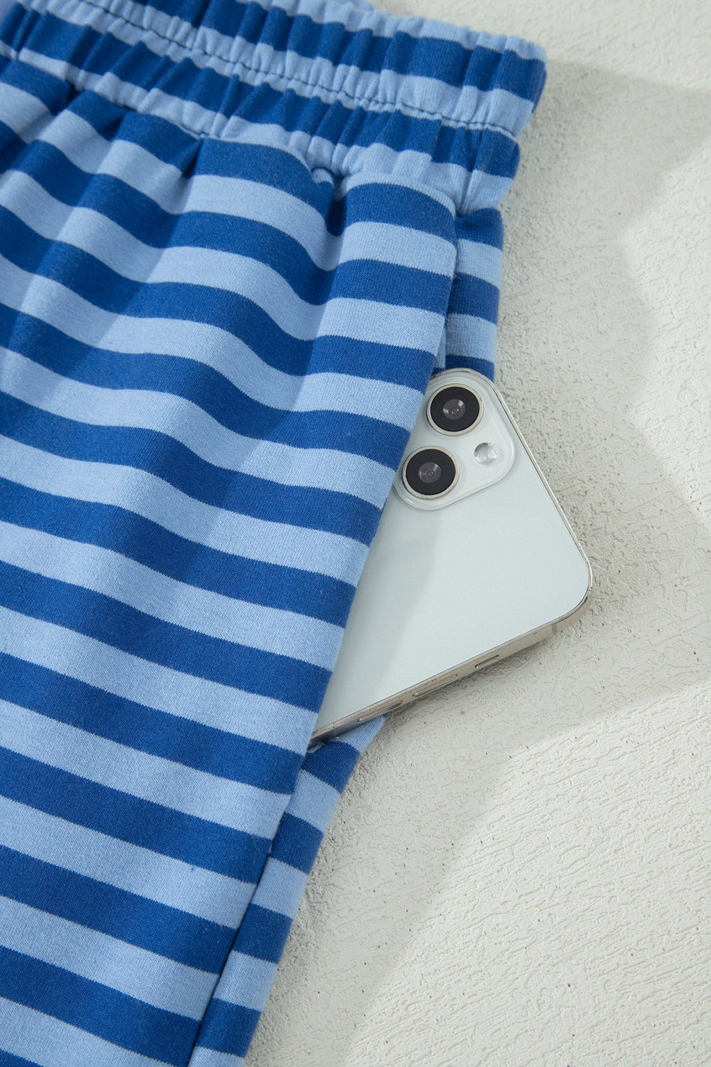 Blue Stripe Striped Ribbed Cotton Two - Piece Short Set with Chest Patch Detail - Crowned Energy CO.