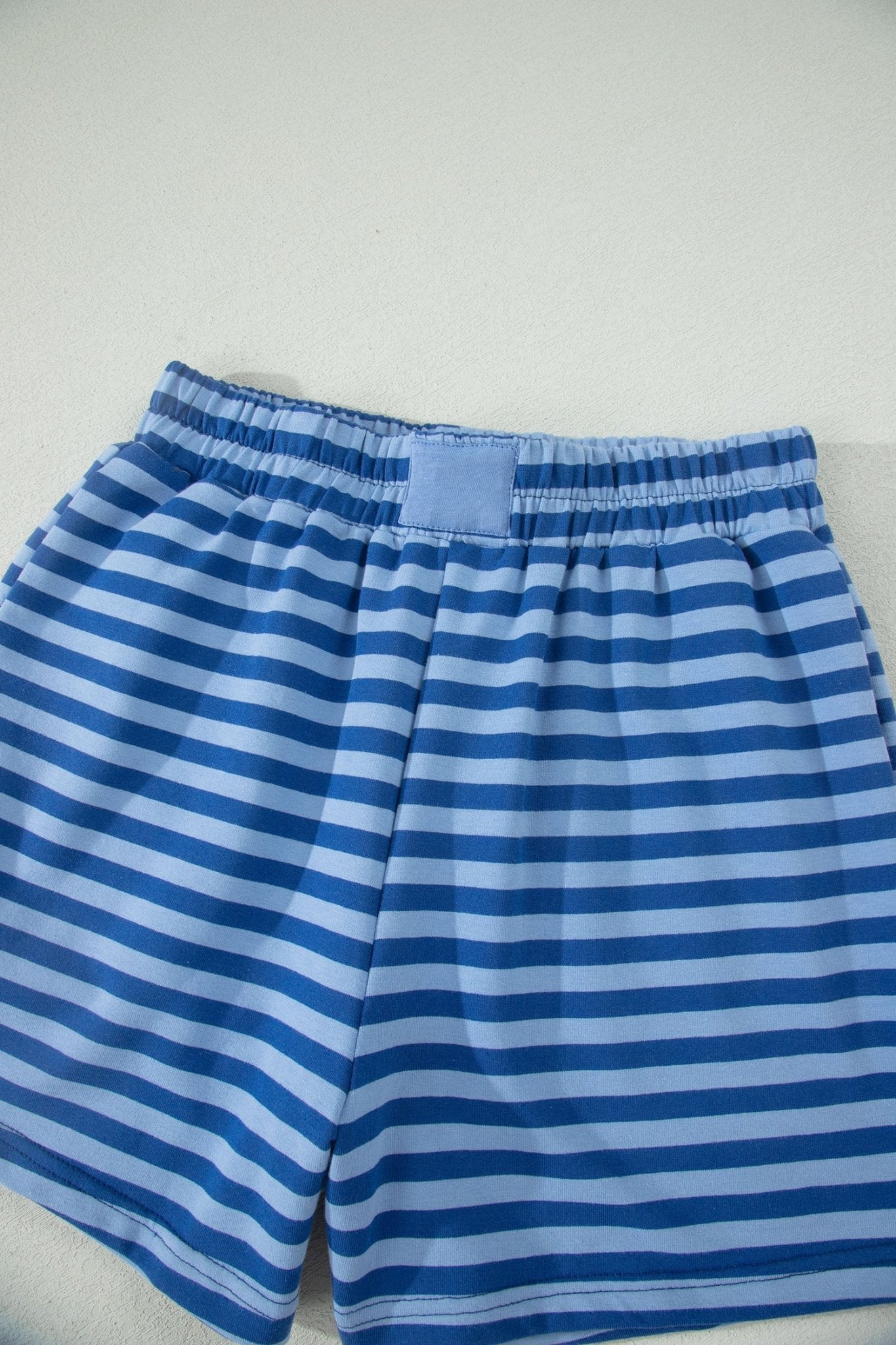 Blue Stripe Striped Ribbed Cotton Two - Piece Short Set with Chest Patch Detail - Crowned Energy CO.