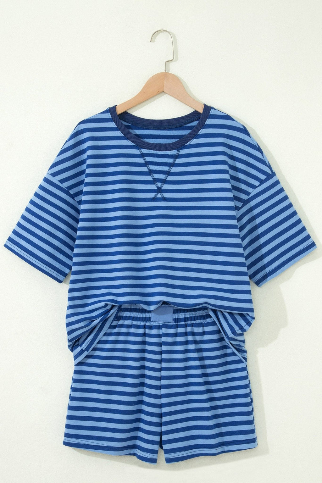 Blue Stripe Striped Ribbed Cotton Two - Piece Short Set with Chest Patch Detail - Crowned Energy CO.