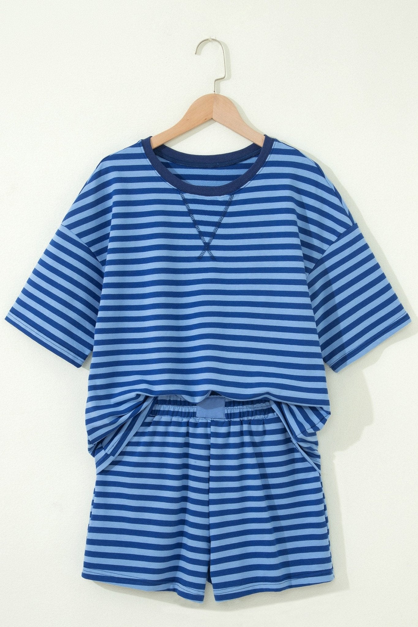 Blue Stripe Striped Ribbed Cotton Two - Piece Short Set with Chest Patch Detail - Crowned Energy CO.