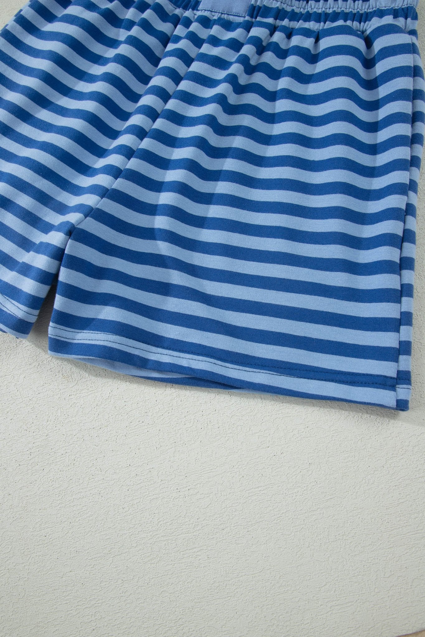 Blue Stripe Striped Ribbed Cotton Two - Piece Short Set with Chest Patch Detail - Crowned Energy CO.