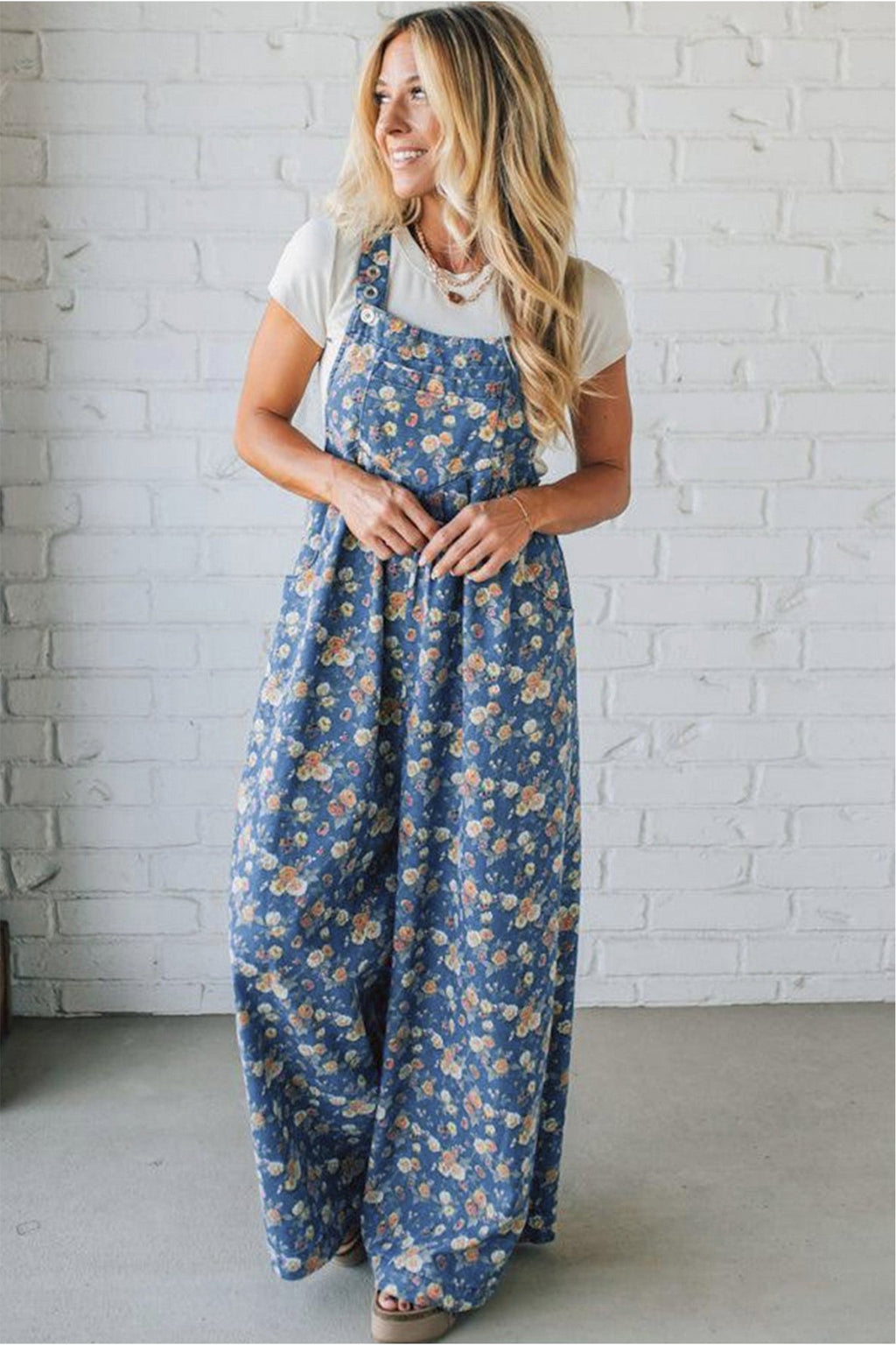 Blue Vintage Rose Printed Pleated Loose Denim Overall Jumpsuit - Crowned Energy CO.