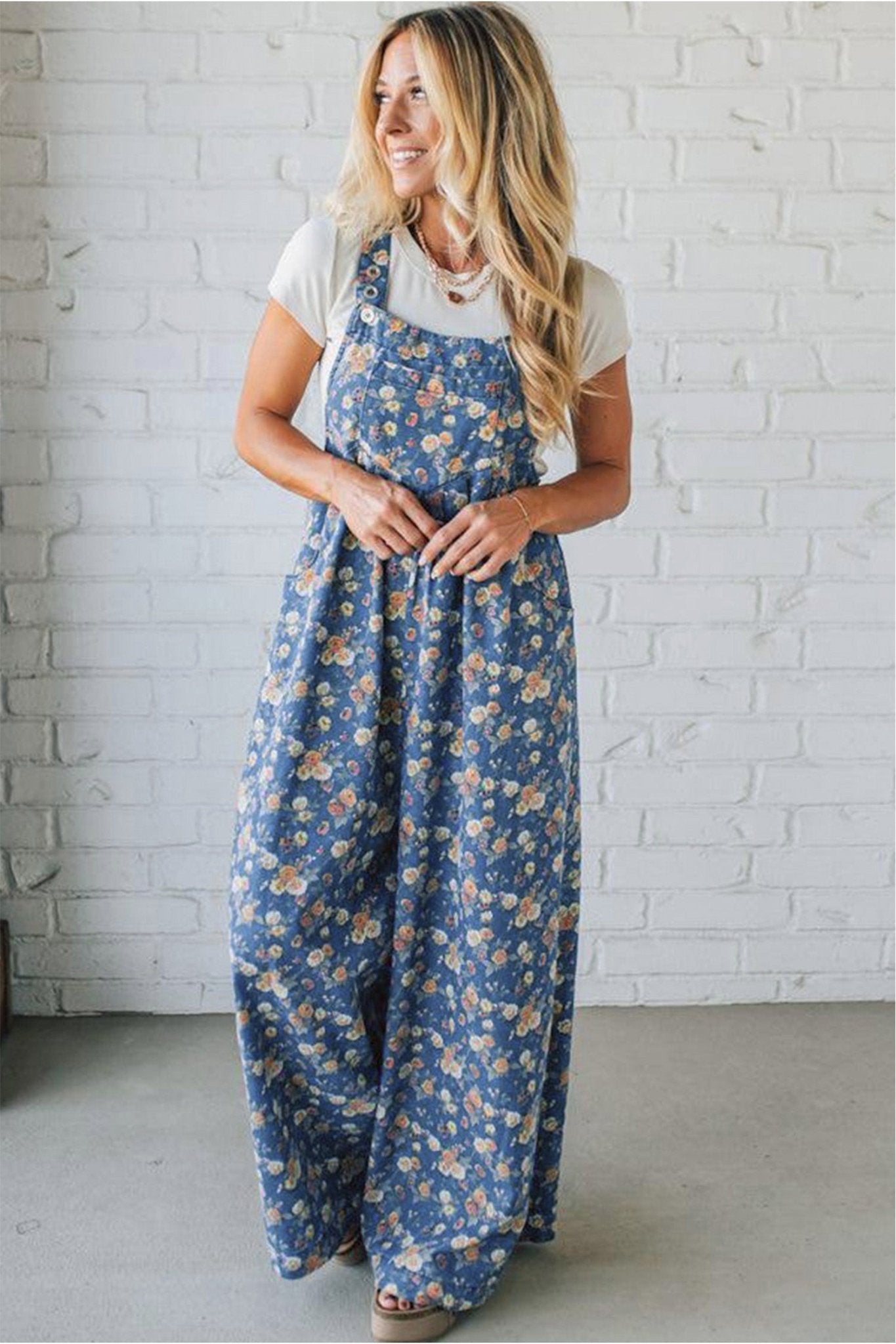Blue Vintage Rose Printed Pleated Loose Denim Overall Jumpsuit - Crowned Energy CO.