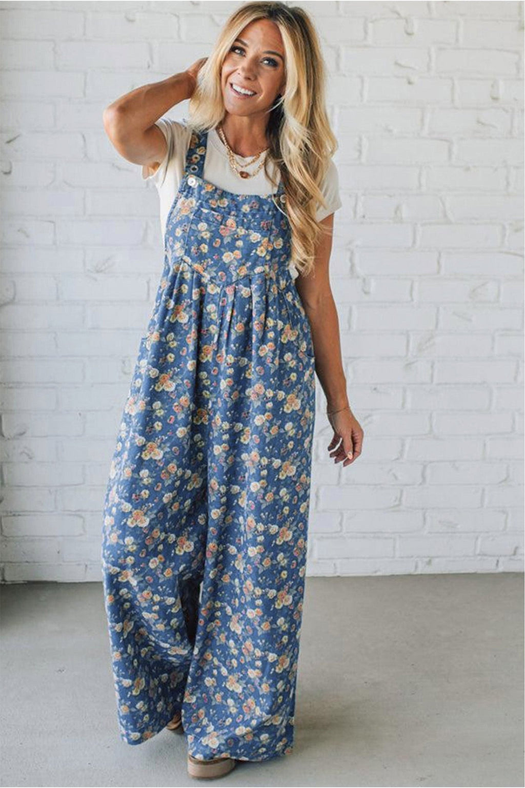Blue Vintage Rose Printed Pleated Loose Denim Overall Jumpsuit - Crowned Energy CO.