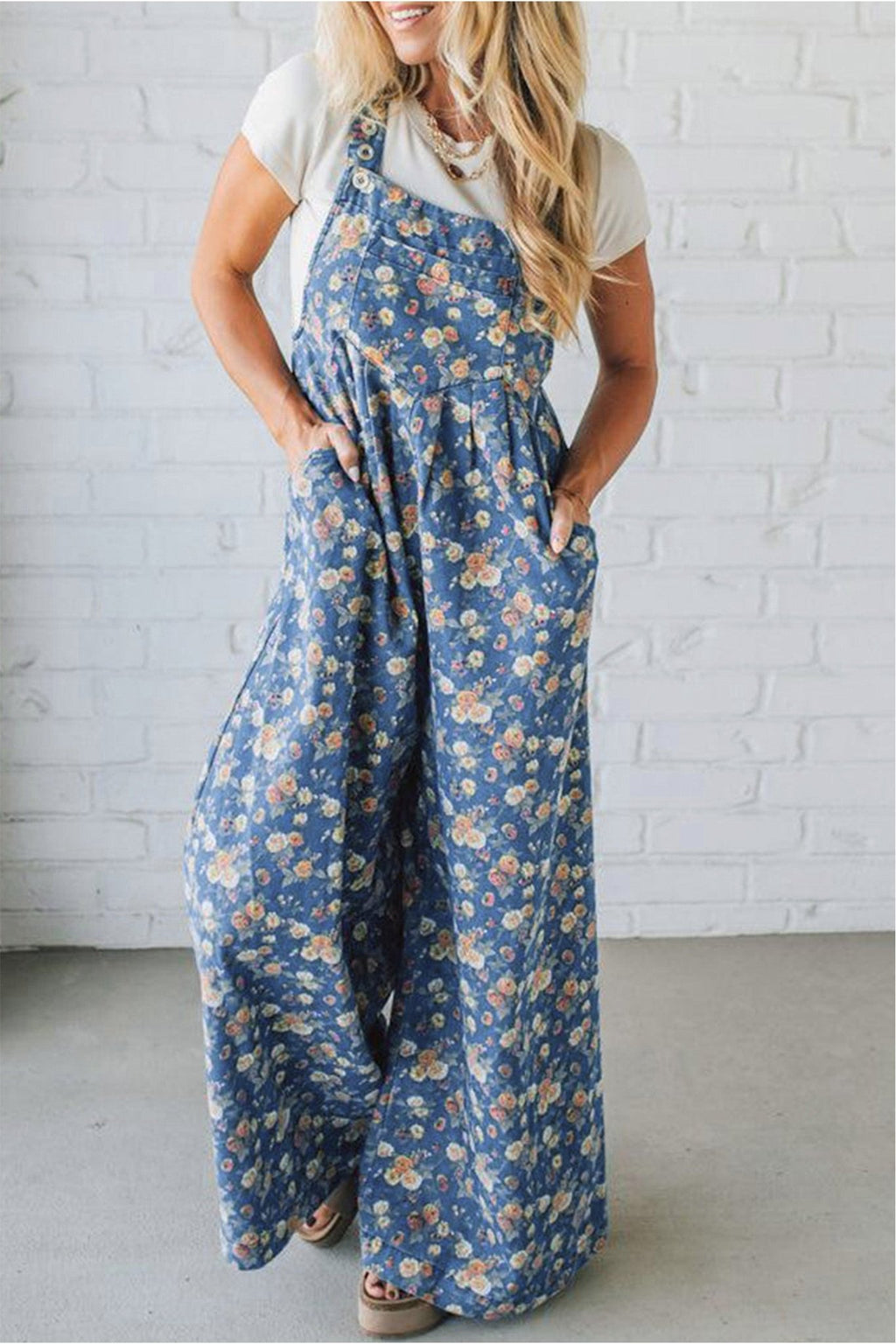 Blue Vintage Rose Printed Pleated Loose Denim Overall Jumpsuit - Crowned Energy CO.