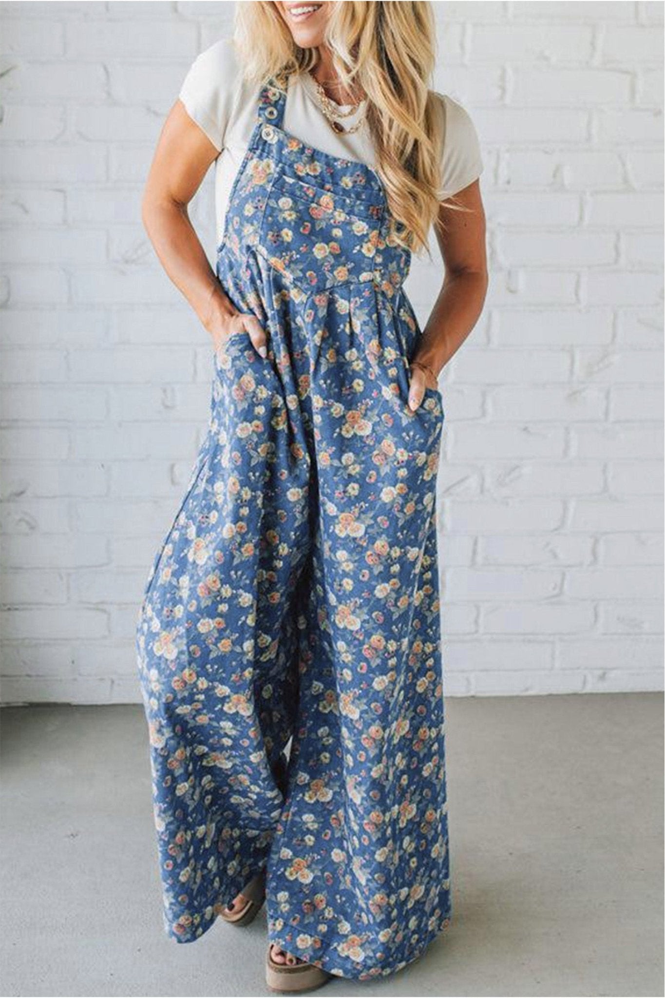 Blue Vintage Rose Printed Pleated Loose Denim Overall Jumpsuit - Crowned Energy CO.