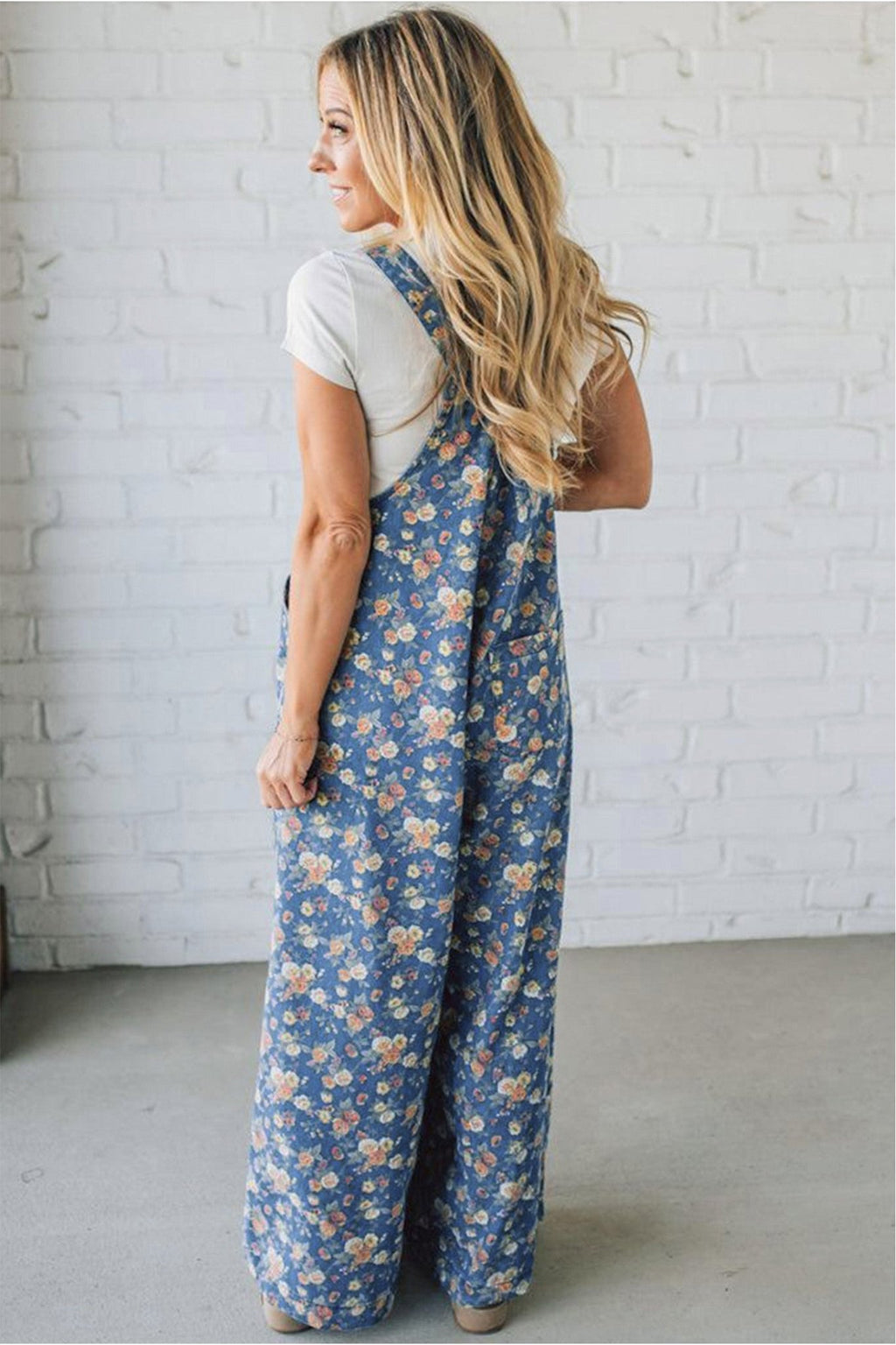 Blue Vintage Rose Printed Pleated Loose Denim Overall Jumpsuit - Crowned Energy CO.