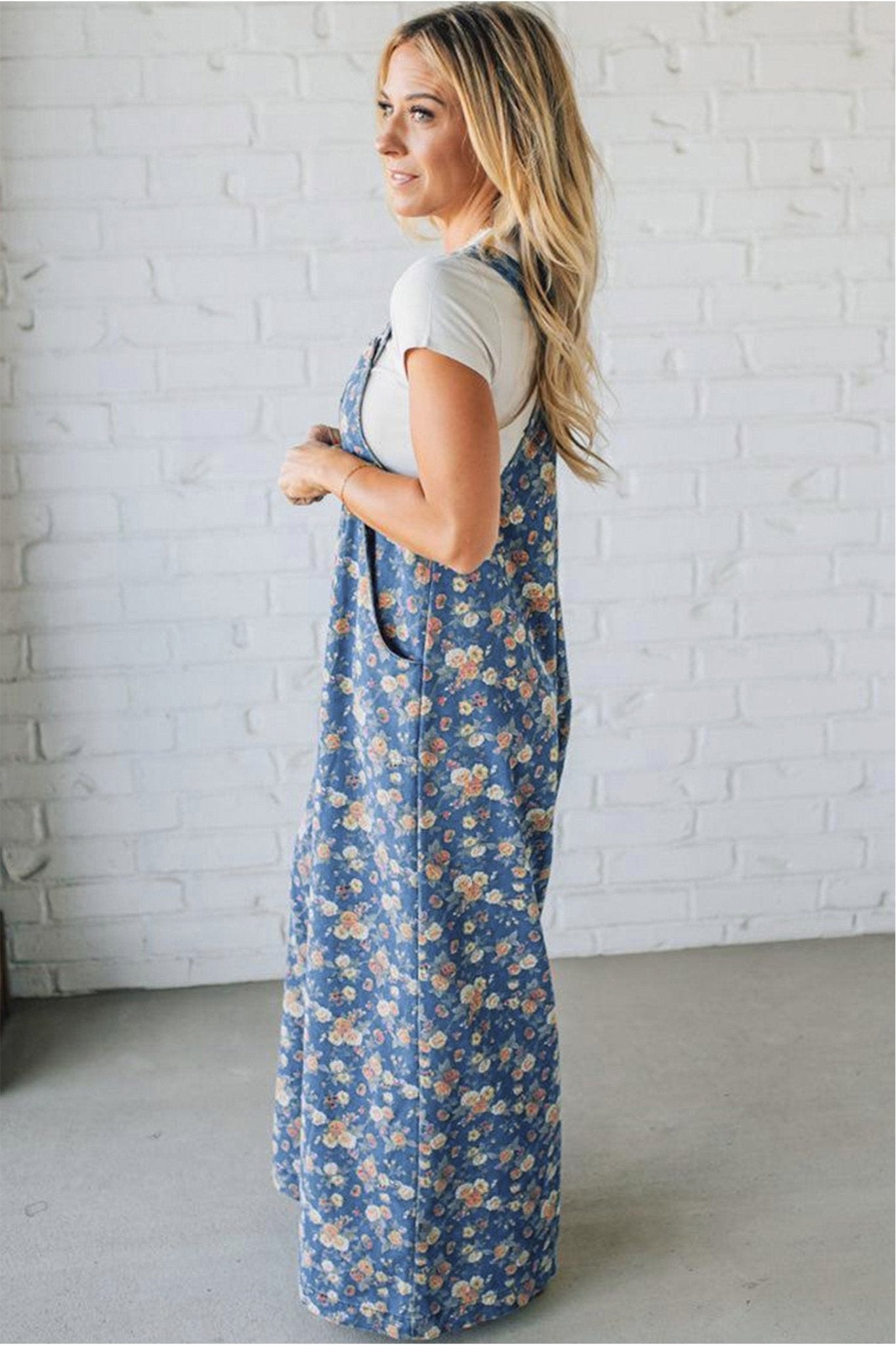 Blue Vintage Rose Printed Pleated Loose Denim Overall Jumpsuit - Crowned Energy CO.
