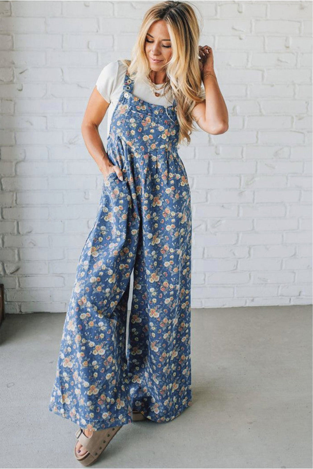 Blue Vintage Rose Printed Pleated Loose Denim Overall Jumpsuit - Crowned Energy CO.