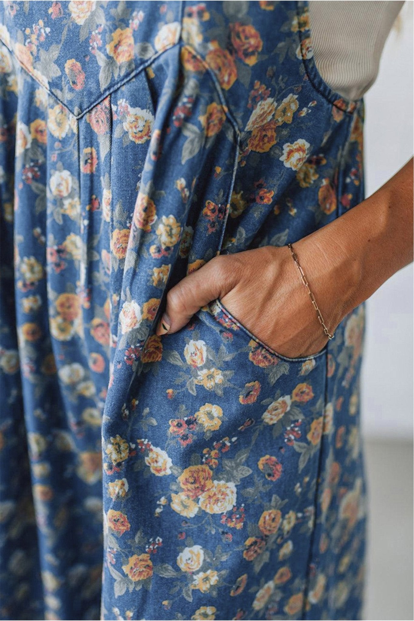 Blue Vintage Rose Printed Pleated Loose Denim Overall Jumpsuit - Crowned Energy CO.