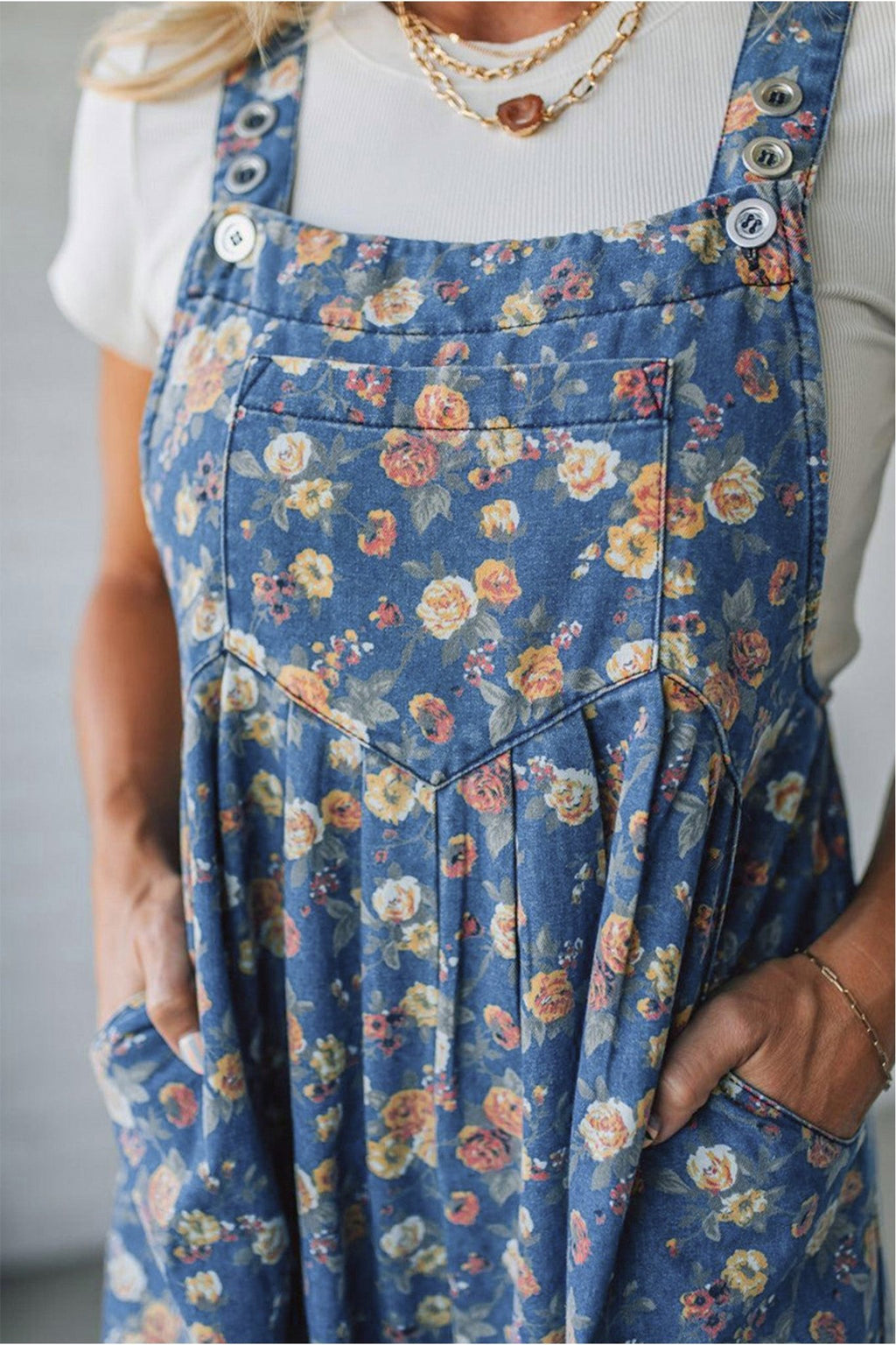 Blue Vintage Rose Printed Pleated Loose Denim Overall Jumpsuit - Crowned Energy CO.