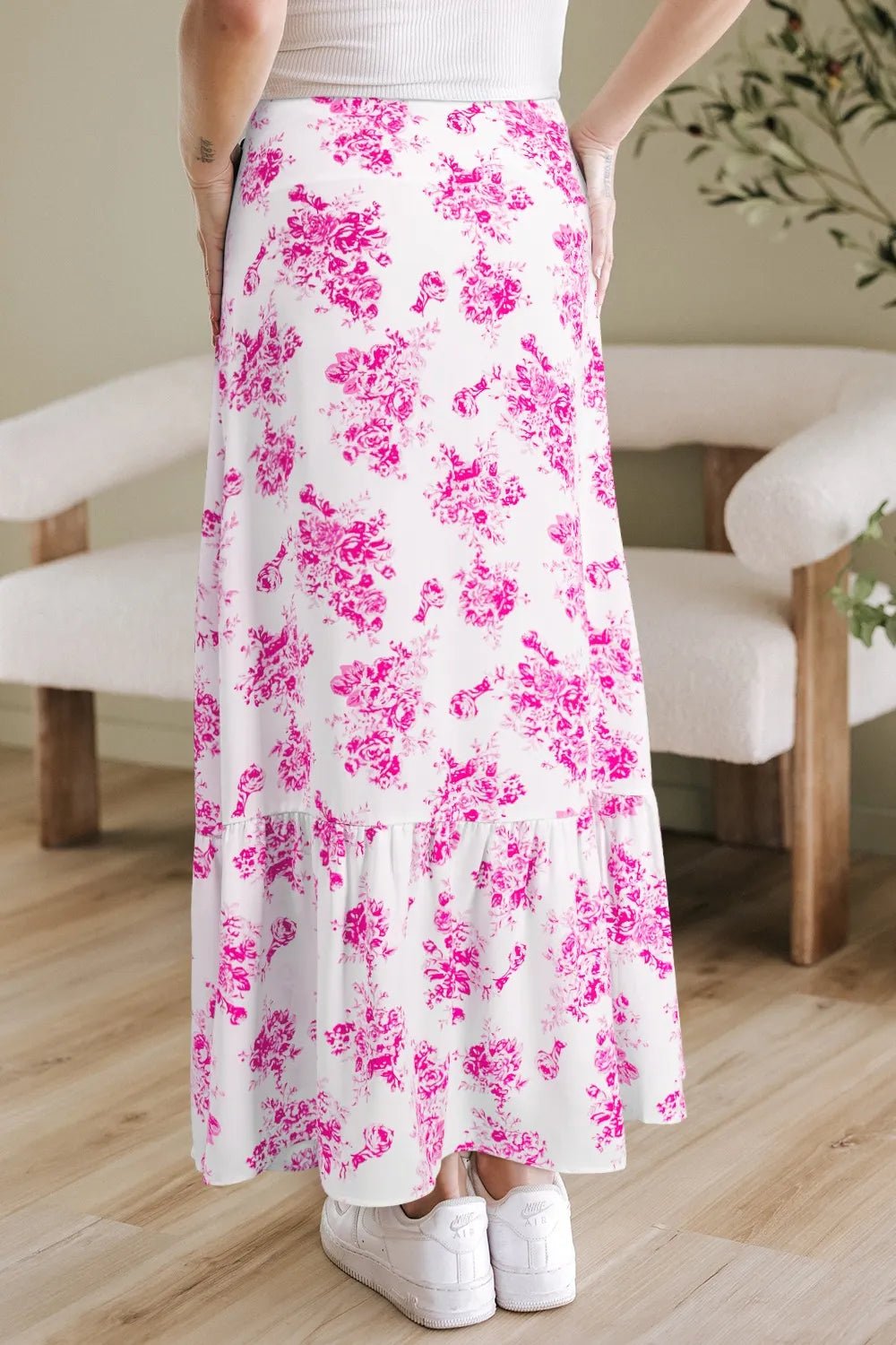 Crowned Energy CO. Pink / S Trendsi Skirt Boho Floral High Waist Ruffle Split Maxi Skirt