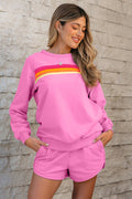 Crowned Energy CO. Bonbon / S / 50%Polyester+50%Cotton Dear-Lover Dropshipping Two Piece Sets/Short Sets Bonbon Striped Accent Pullover and Shorts Two Piece Casual Set