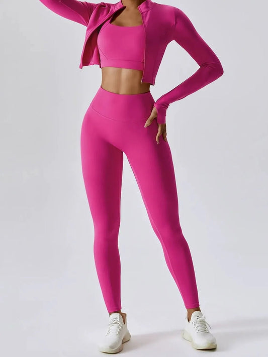 Crowned Energy CO. Hot Pink / S Trendsi Activewear/Activewear Sets Bra Outerwear and Leggings 3-Piece Active Set