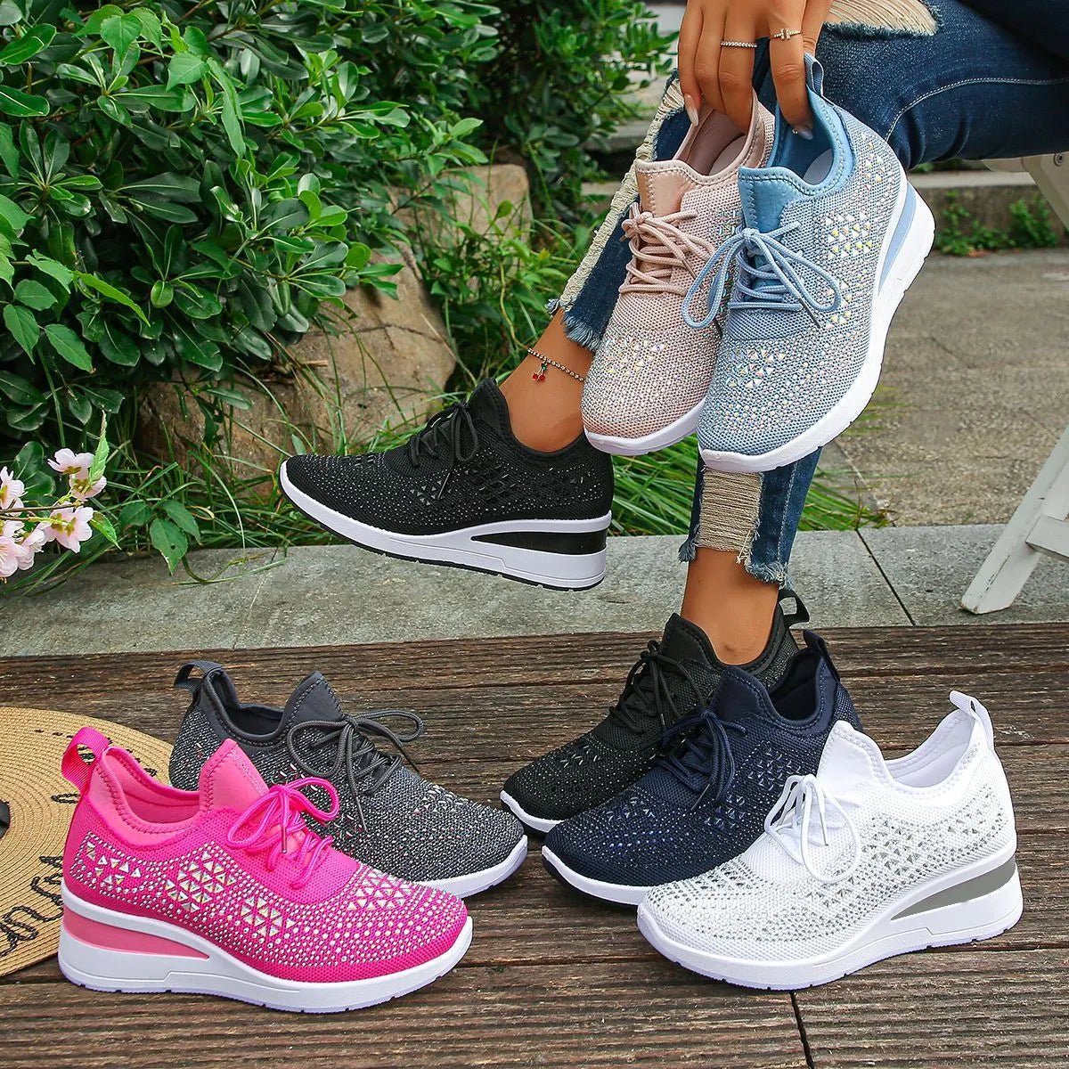 Breathable Mesh Rhinestone Wedge Athletic Sneakers - Crowned Energy CO.