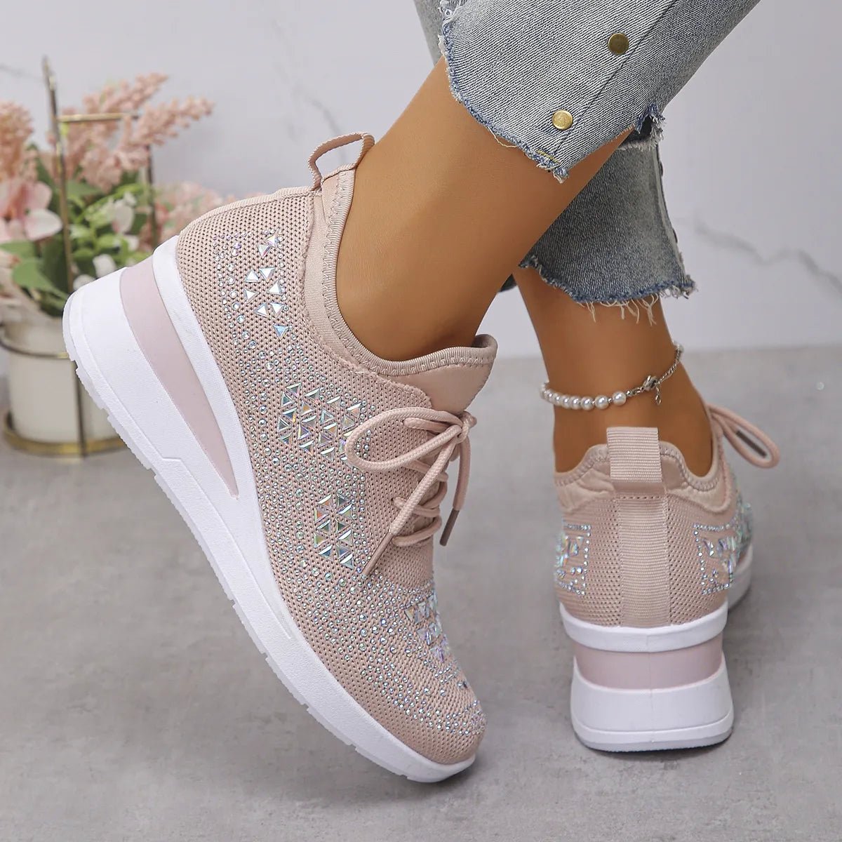 Breathable Mesh Rhinestone Wedge Athletic Sneakers - Crowned Energy CO.