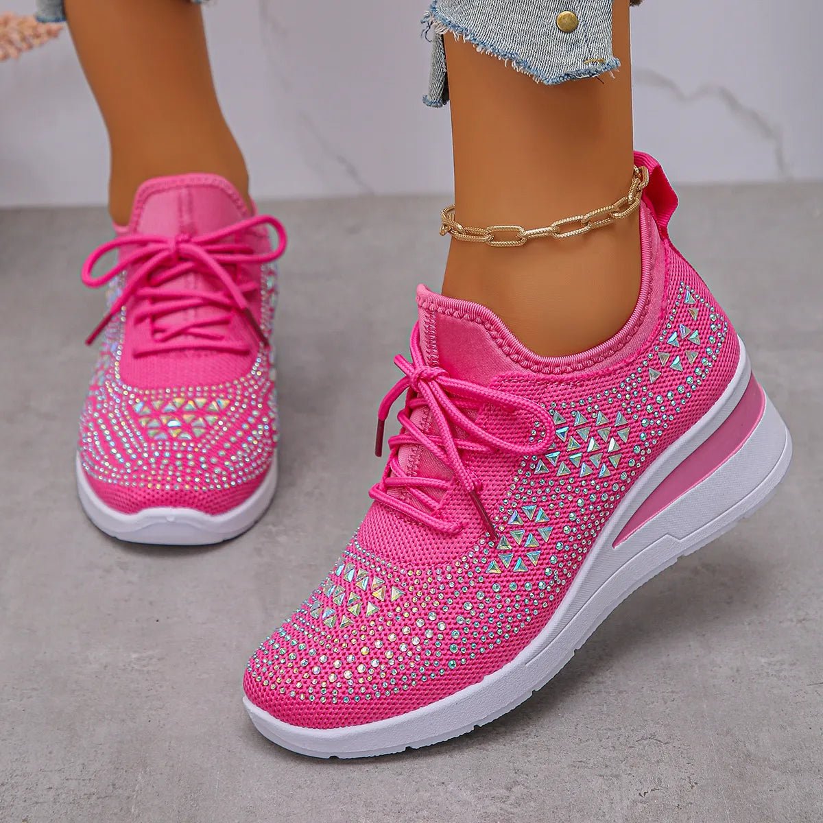 Breathable Mesh Rhinestone Wedge Athletic Sneakers - Crowned Energy CO.