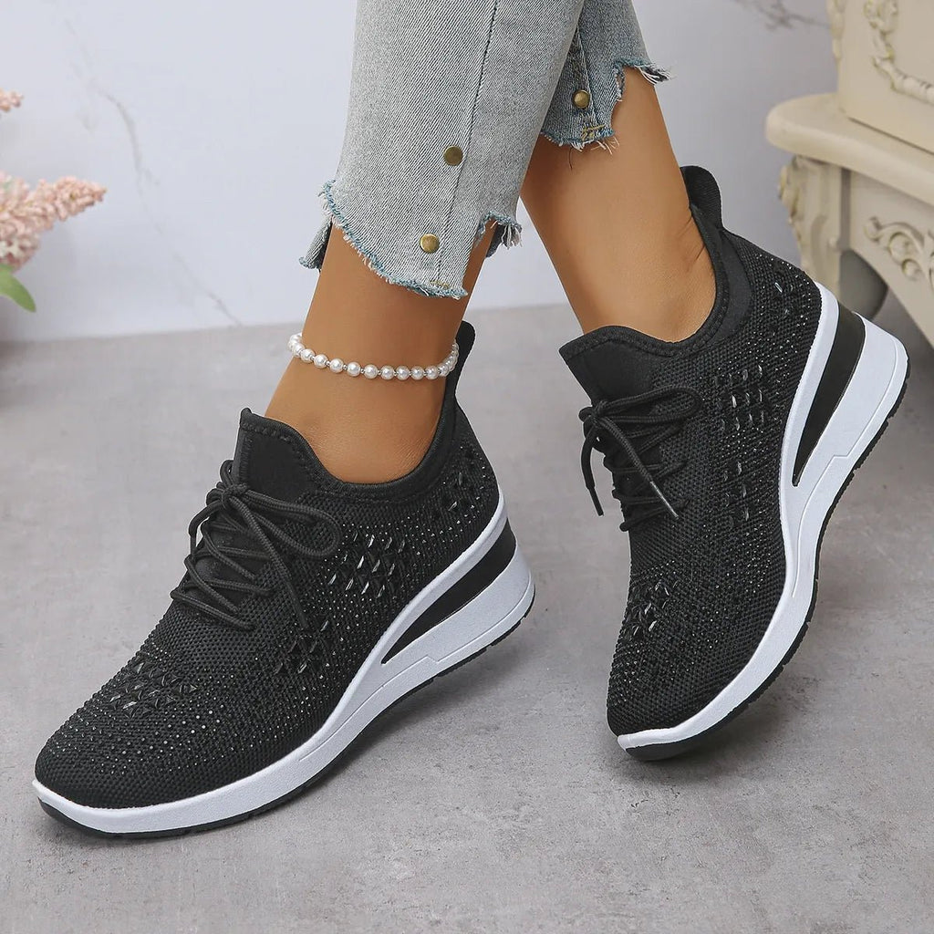 Breathable Mesh Rhinestone Wedge Athletic Sneakers - Crowned Energy CO.