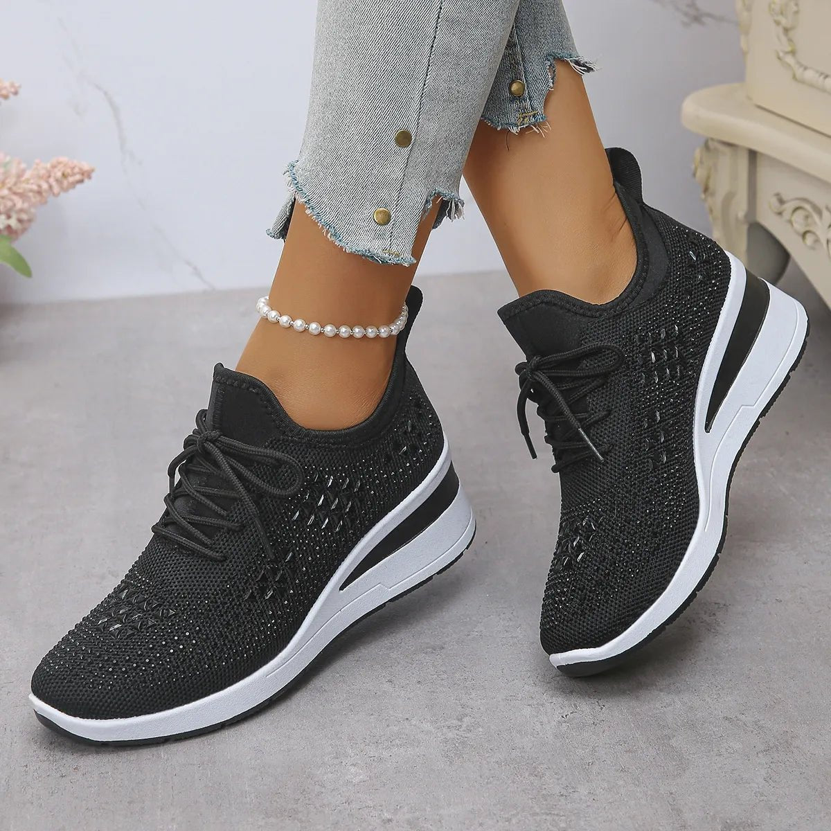 Breathable Mesh Rhinestone Wedge Athletic Sneakers - Crowned Energy CO.