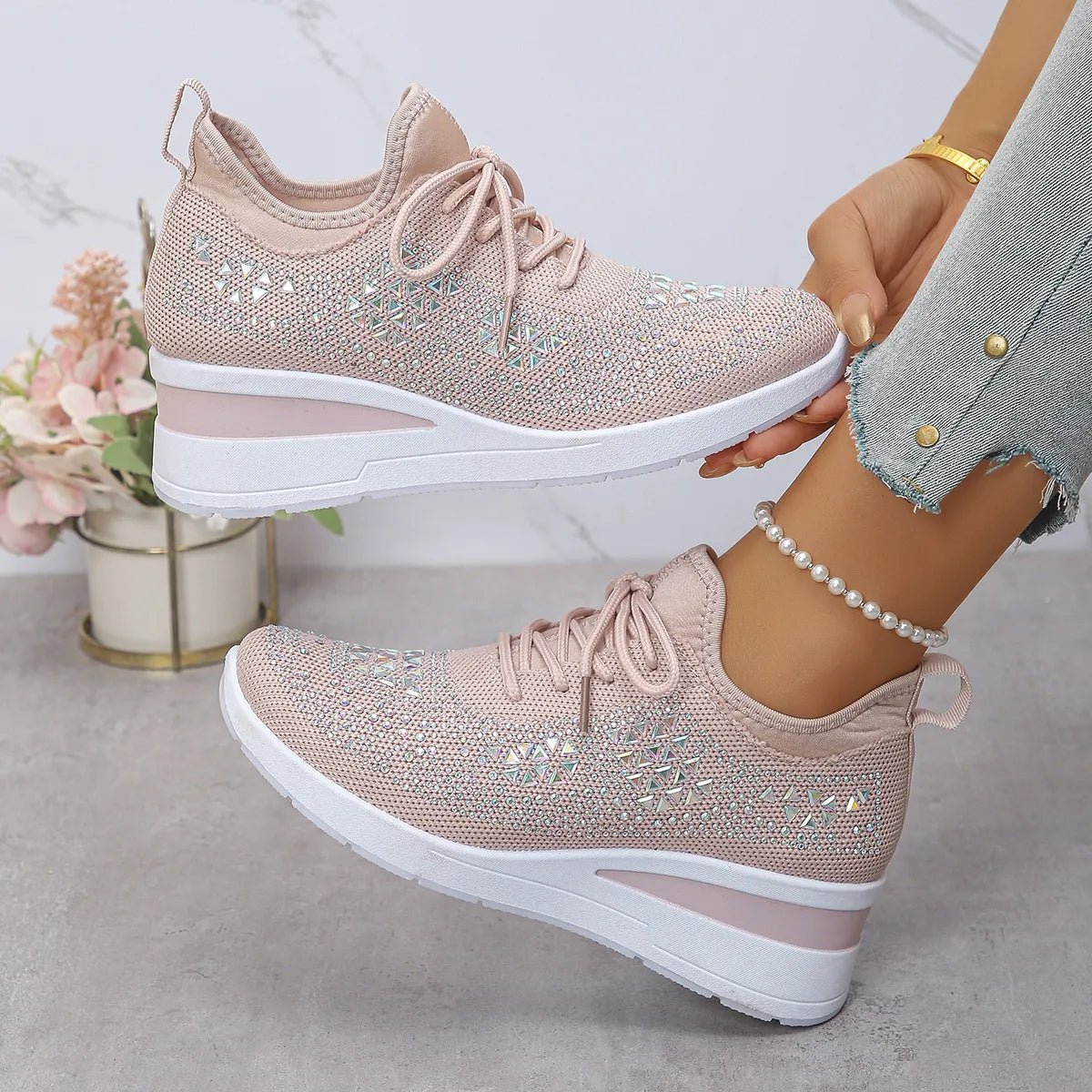 Breathable Mesh Rhinestone Wedge Athletic Sneakers - Crowned Energy CO.