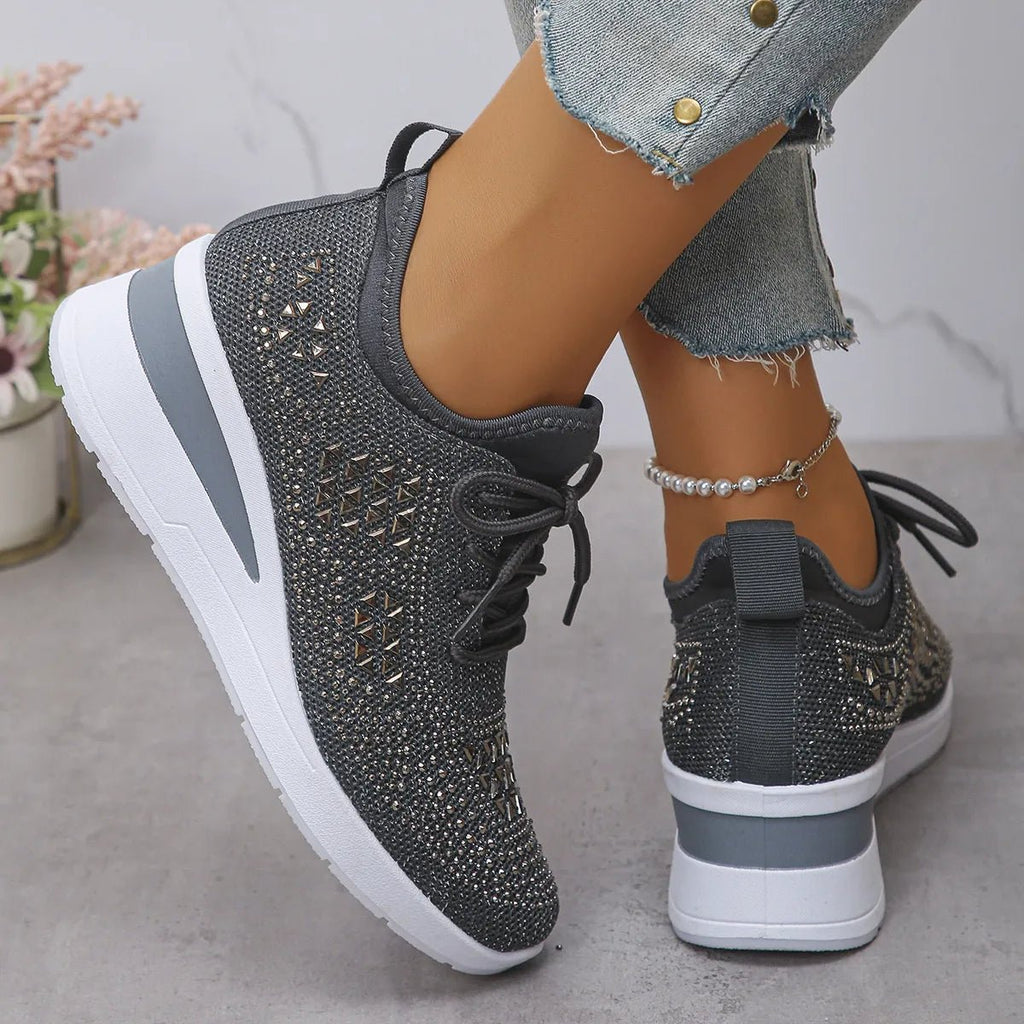 Breathable Mesh Rhinestone Wedge Athletic Sneakers - Crowned Energy CO.
