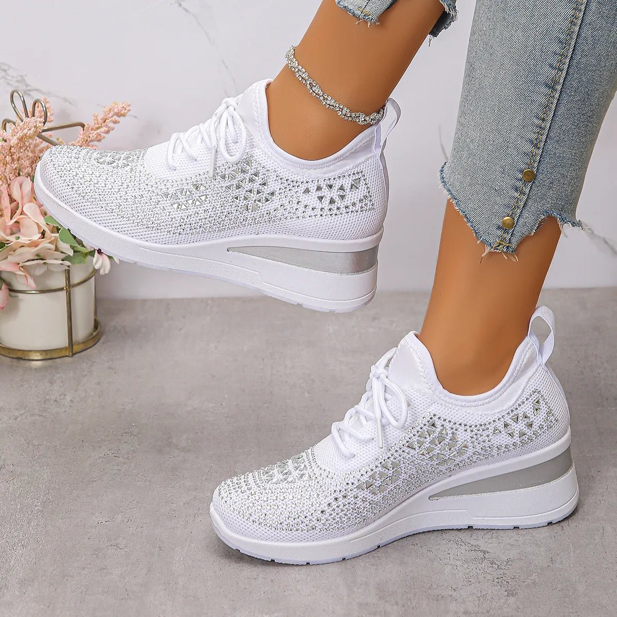 Breathable Mesh Rhinestone Wedge Athletic Sneakers - Crowned Energy CO.