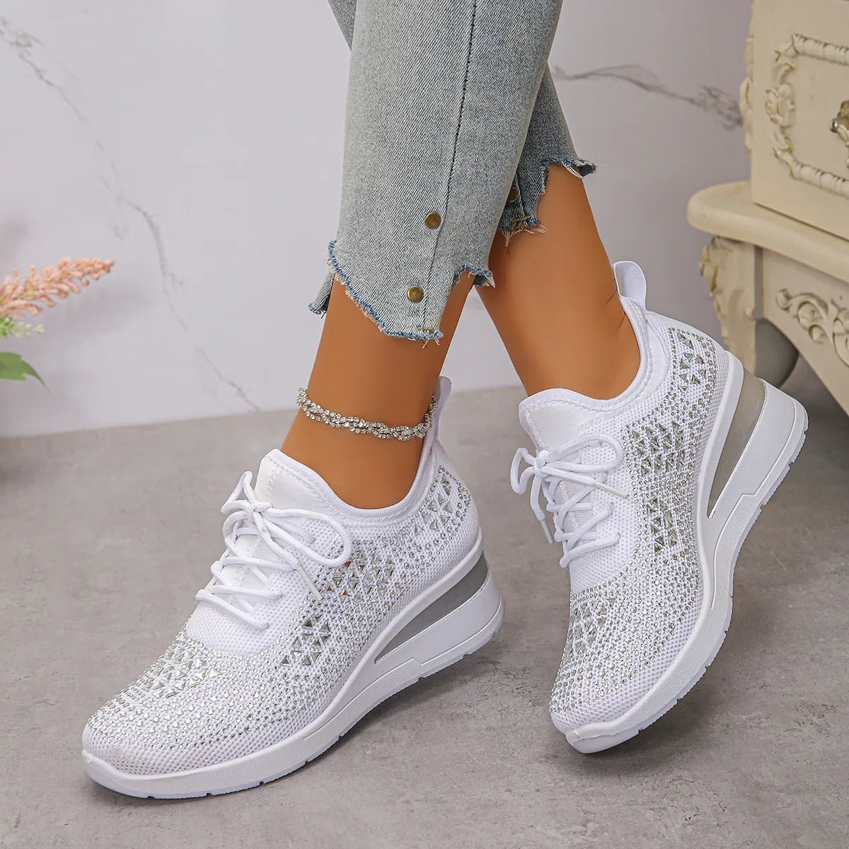 Breathable Mesh Rhinestone Wedge Athletic Sneakers - Crowned Energy CO.