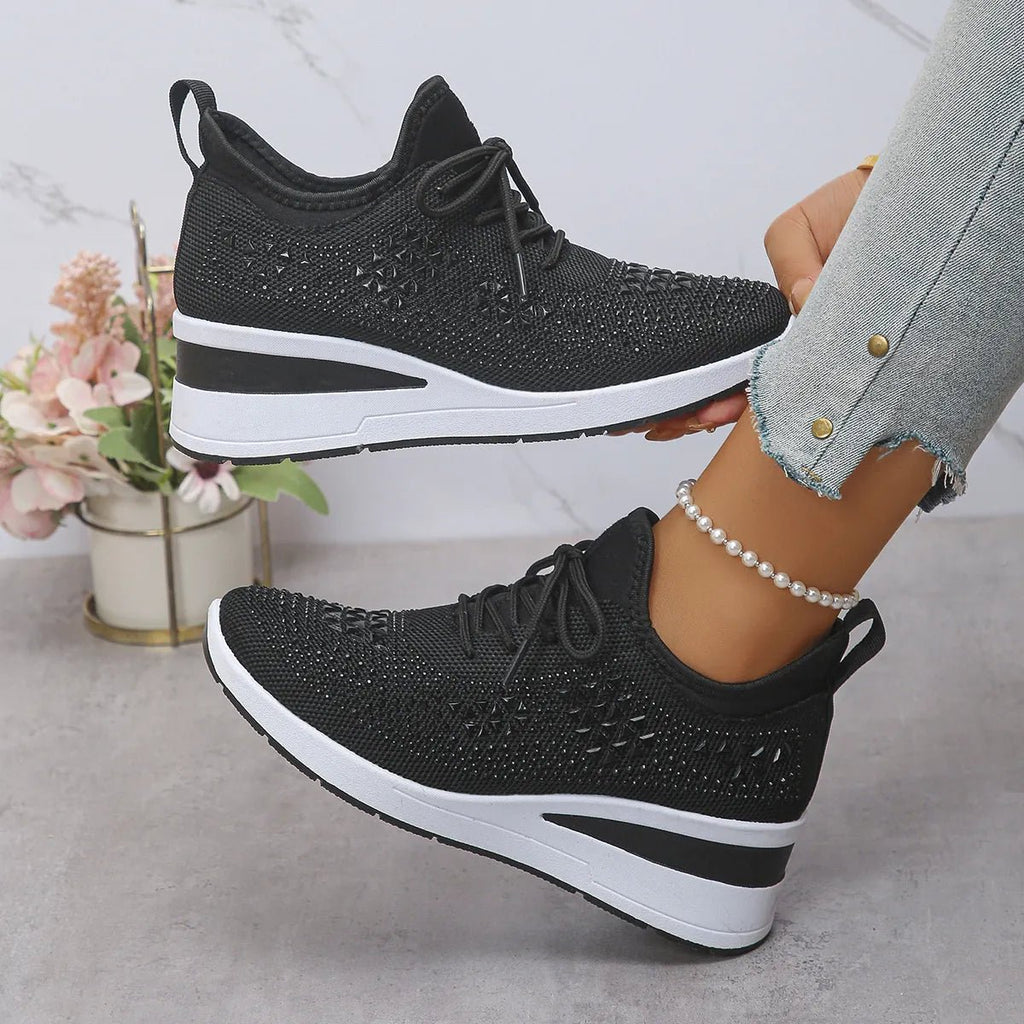 Breathable Mesh Rhinestone Wedge Athletic Sneakers - Crowned Energy CO.