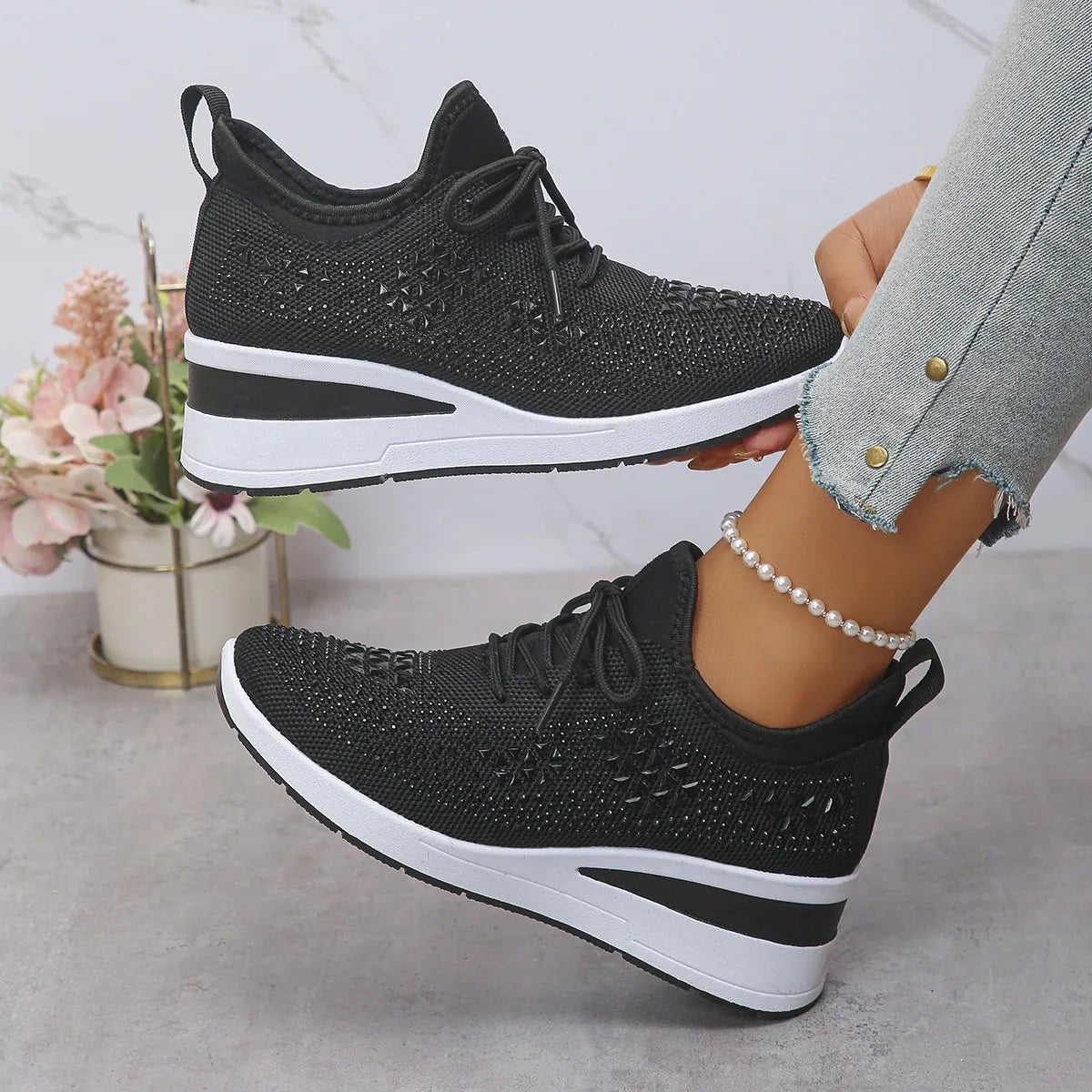 Breathable Mesh Rhinestone Wedge Athletic Sneakers - Crowned Energy CO.