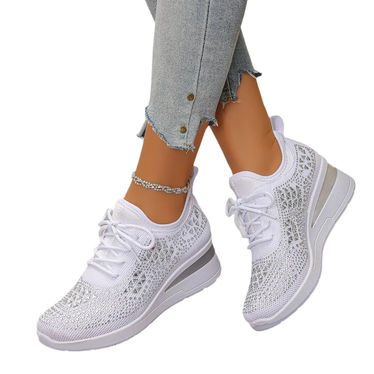 Breathable Mesh Rhinestone Wedge Athletic Sneakers - Crowned Energy CO.