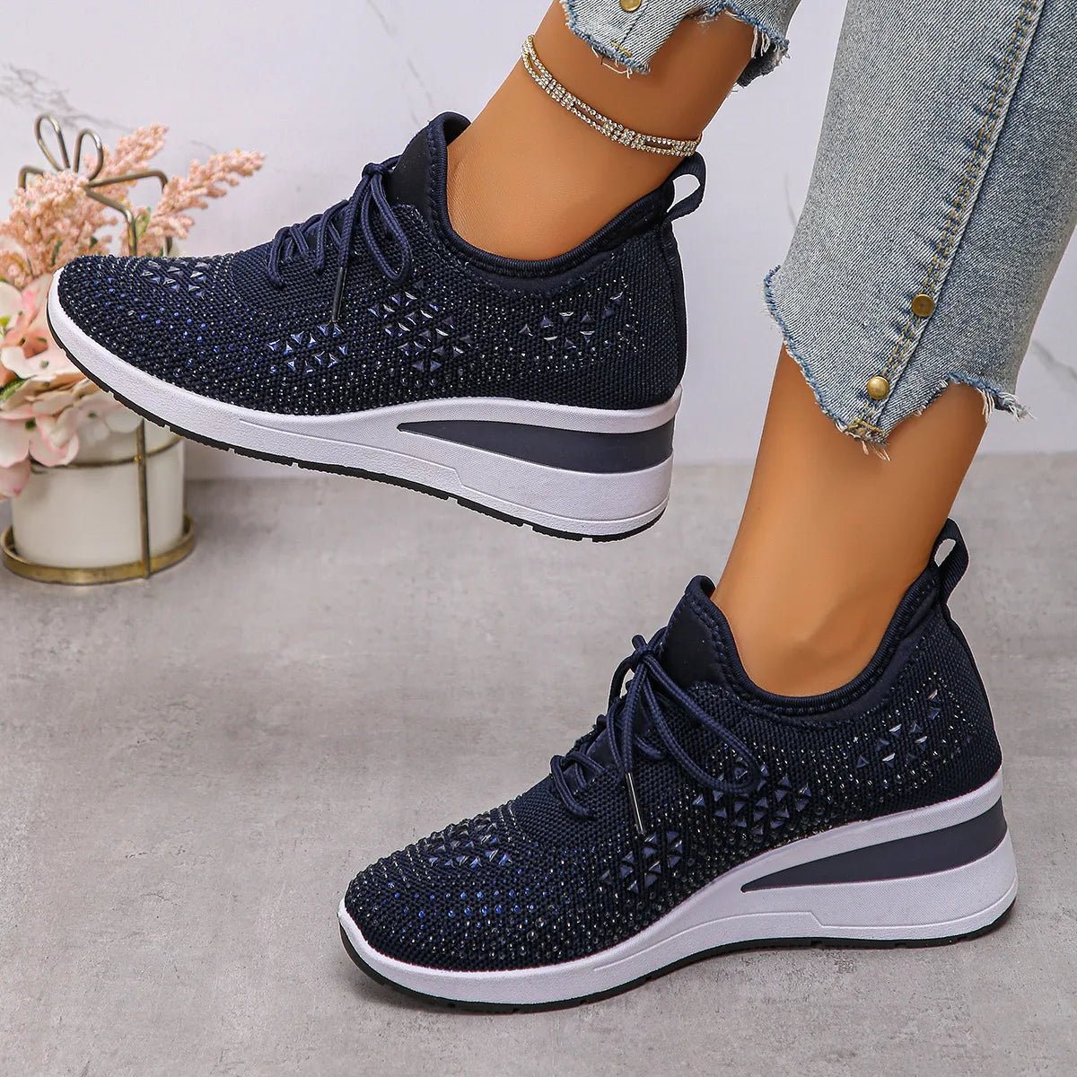 Breathable Mesh Rhinestone Wedge Athletic Sneakers - Crowned Energy CO.