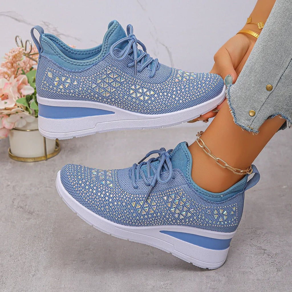Breathable Mesh Rhinestone Wedge Athletic Sneakers - Crowned Energy CO.