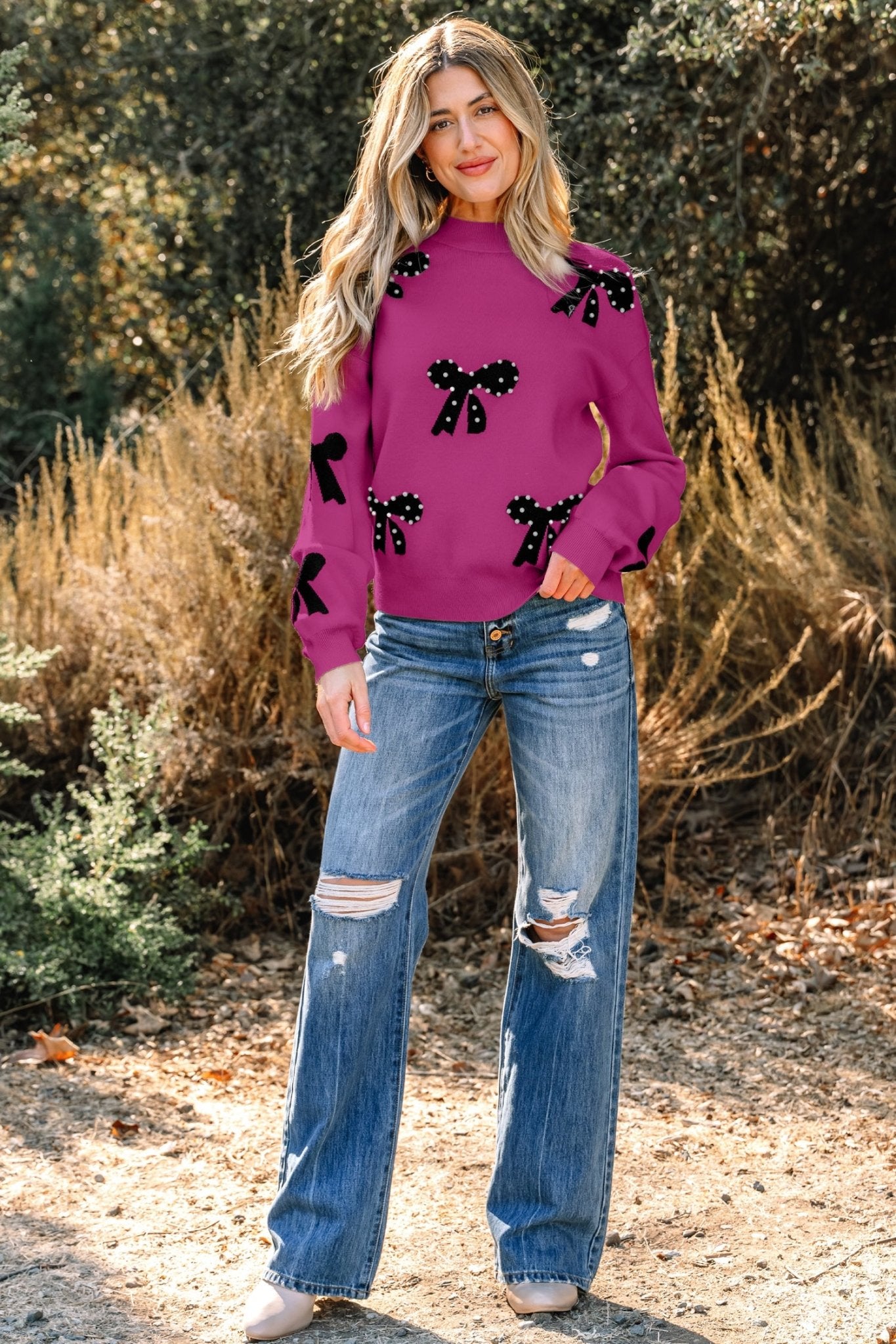 Bright Pink Pearl Embellished Bow Pattern Loose Sweater - Crowned Energy CO.