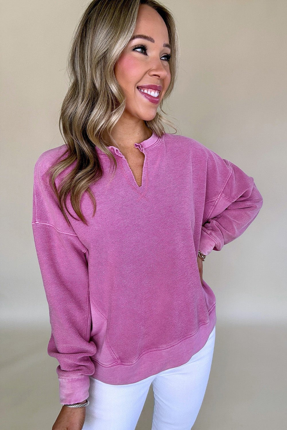 Crowned Energy CO. Bright Pink / S / 65%Polyester+35%Cotton Dear-Lover Dropshipping Tops/Sweatshirts & Hoodies Bright Pink Solid Color Notched Neck Drop Shoulder Sweatshirt
