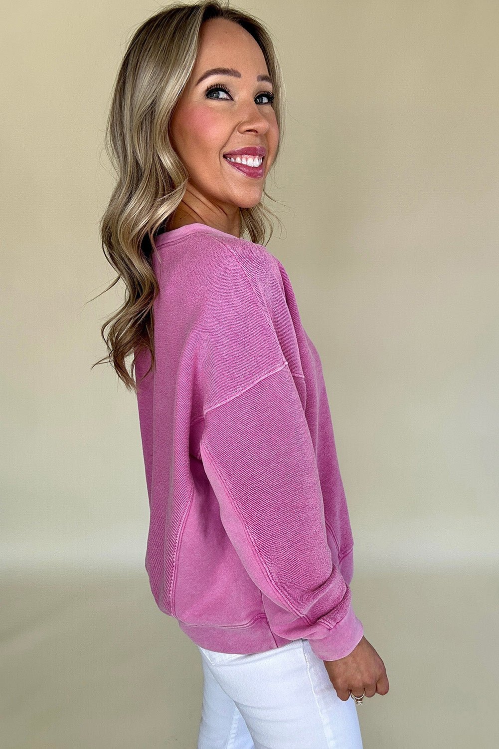 Crowned Energy CO. Bright Pink / S / 65%Polyester+35%Cotton Dear-Lover Dropshipping Tops/Sweatshirts & Hoodies Bright Pink Solid Color Notched Neck Drop Shoulder Sweatshirt