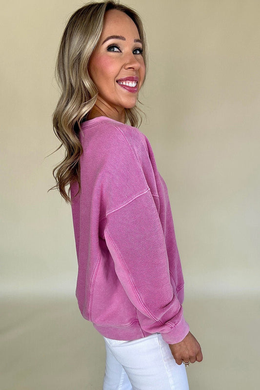 Crowned Energy CO. Bright Pink / S / 65%Polyester+35%Cotton Dear-Lover Dropshipping Tops/Sweatshirts & Hoodies Bright Pink Solid Color Notched Neck Drop Shoulder Sweatshirt