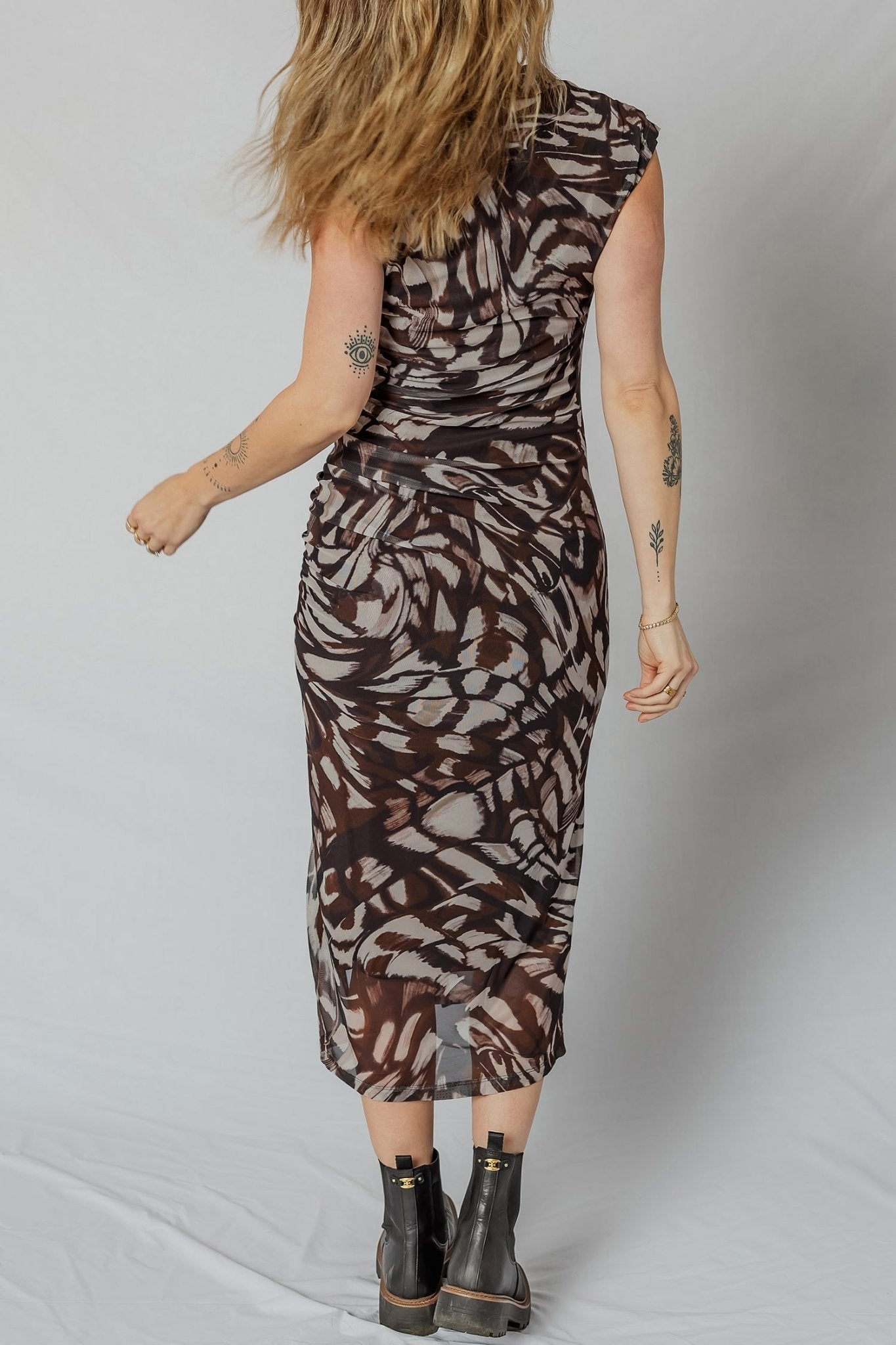 Brown Abstract Print Mesh Cowl Neck Cap Sleeve Ruched Midi Dress with Slit - Crowned Energy CO.