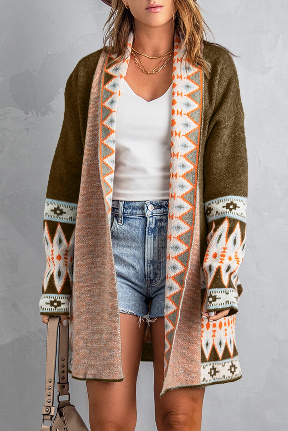 Brown Aztec Print Open Front Knitted Cardigan - Crowned Energy CO.