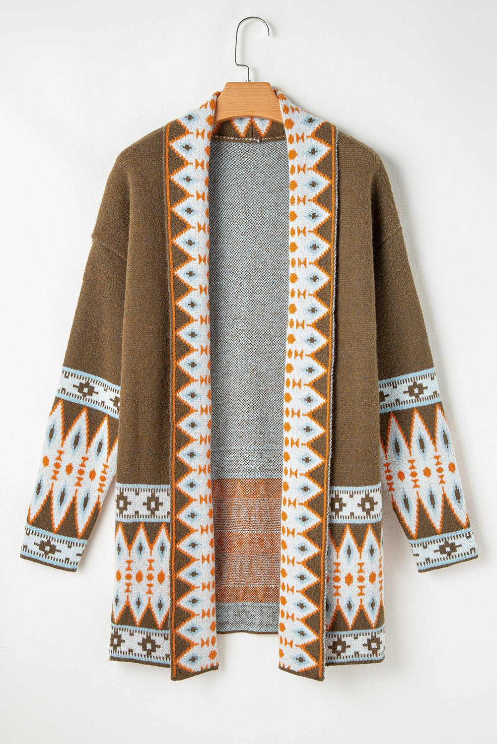 Brown Aztec Print Open Front Knitted Cardigan - Crowned Energy CO.