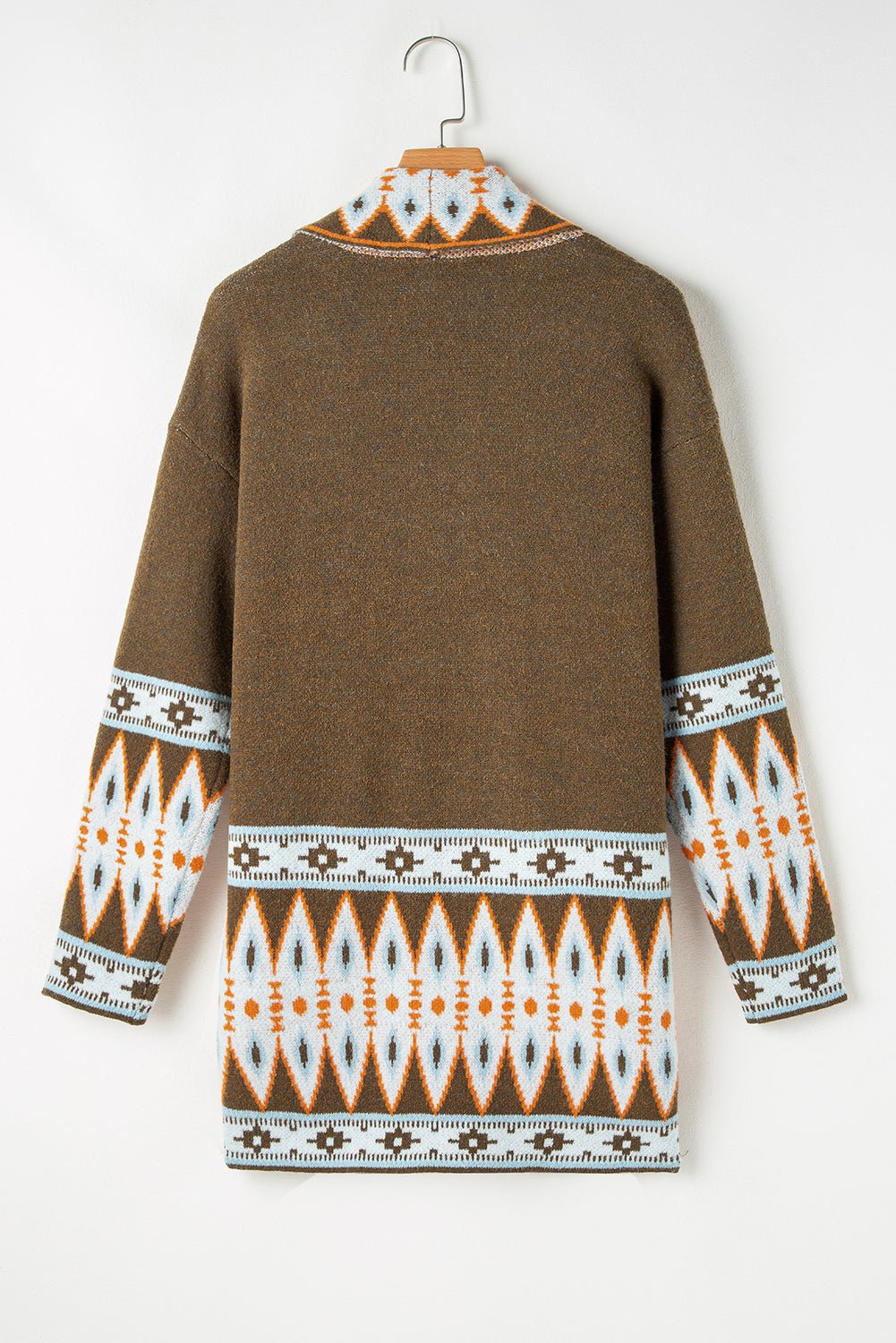 Brown Aztec Print Open Front Knitted Cardigan - Crowned Energy CO.